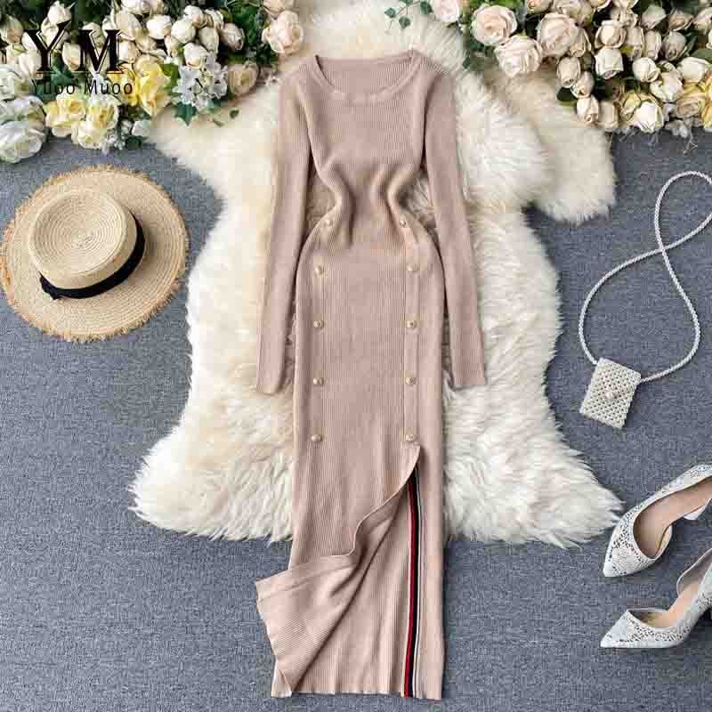 Yuoomuoo Elegante Vintage Double-Breasted Office Dames Jurk Herfst Winter Gebreide Lange Jurk Vrouwelijke Split Bodycon Jurk: Khaki