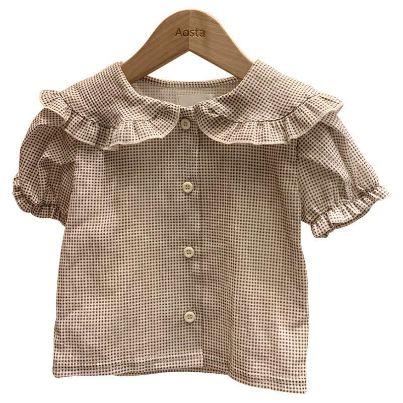 Spring Korean children's clothing summer children's baby plaid small shirt lapel cute puff sleeves with short sleeves