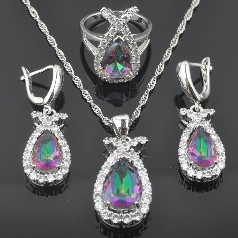 Water Dtrop – ensemble de bijoux pour femmes, couleur argent, zircone arc-en-ciel, Bracelet, pendentif, boucle d'oreille, de mariée, QS0572