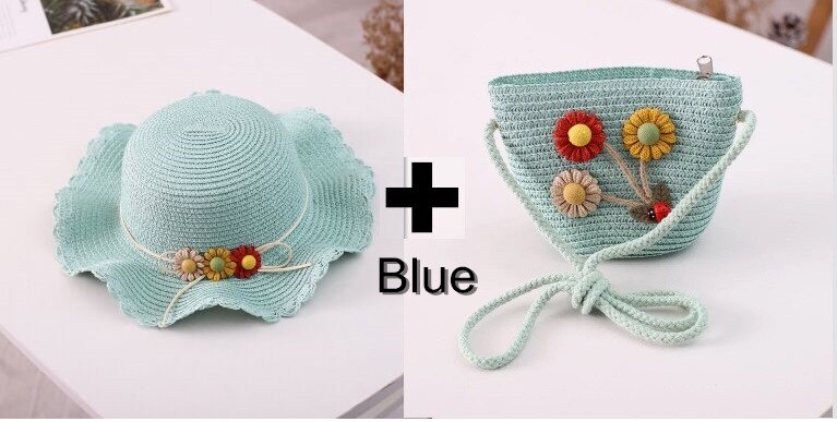 Chapeau et sacs en paille à fleurs pour enfants, ensemble deux pièces décontracté pour filles, sac à bandoulière + chapeau de soleil pour bébé, plage, panama, gorros: 003