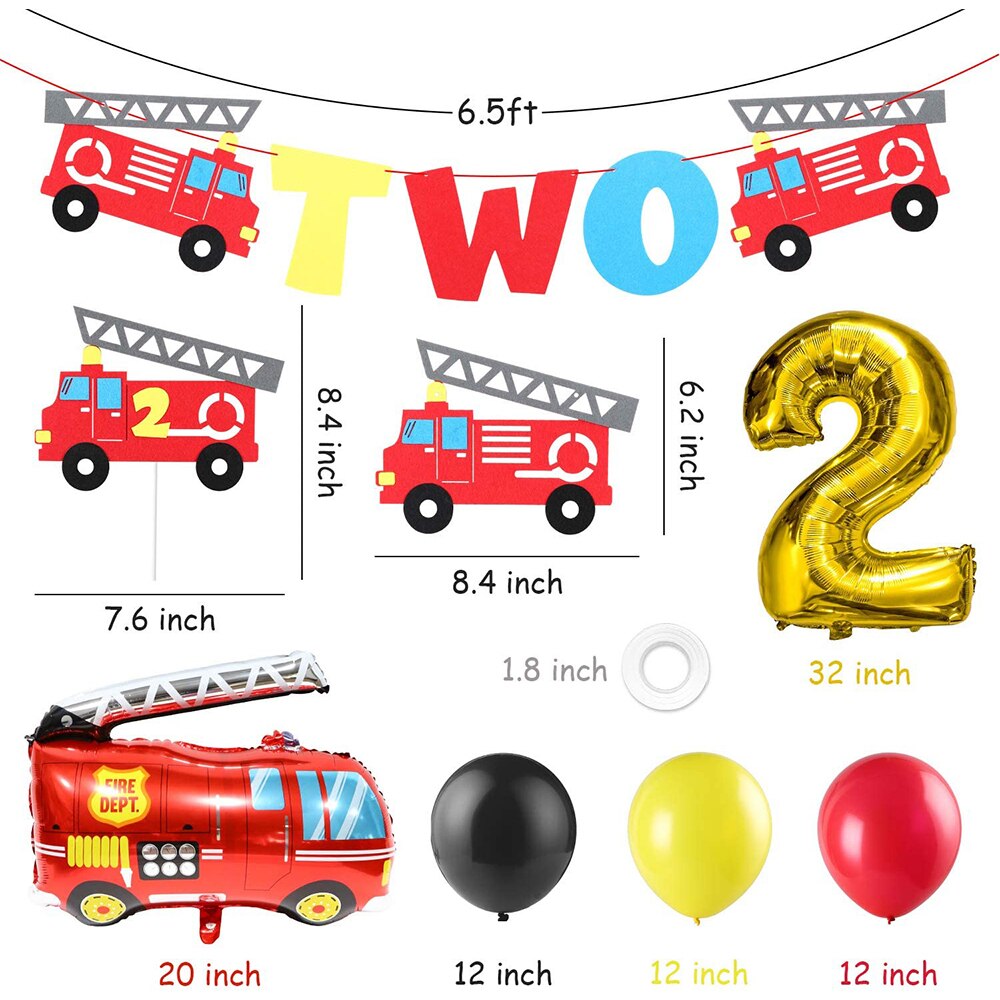 Party Supplies 42Pcs Firefighter Themed Fireman Two Year Old Party Fire Truck Banner Cake Topper Balloon Decoration for Kids