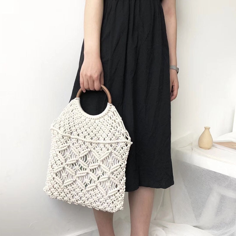 Popula Cotton Rope Hollow Straw Bag Sheer Macrame Tote wooden ring rattan handle Net Bag Vintage Retro Chic handbag