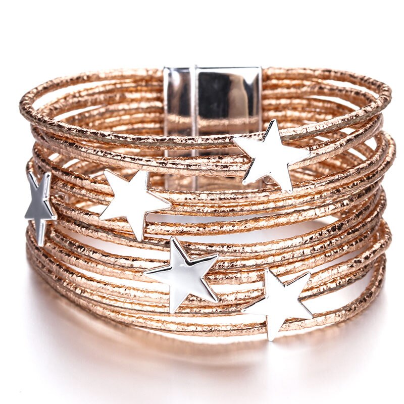 Allyes Bohemian Lederen Armbanden Voor Vrouwen Mode Pentagram Metalen Charm Boho Multilayer Wrap Armband Femme Sieraden: Champagne