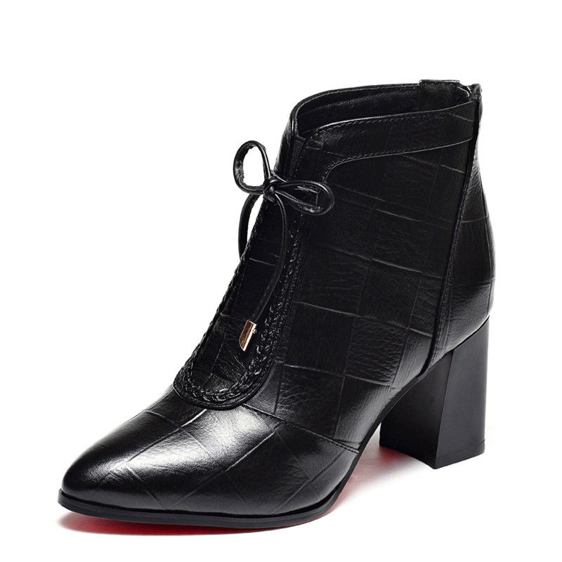 Bottines à talons hauts pour femmes, chaussures chaudes en peluche, bout carré pointu, nœud papillon, fermeture éclair au dos, noir, collection hiver