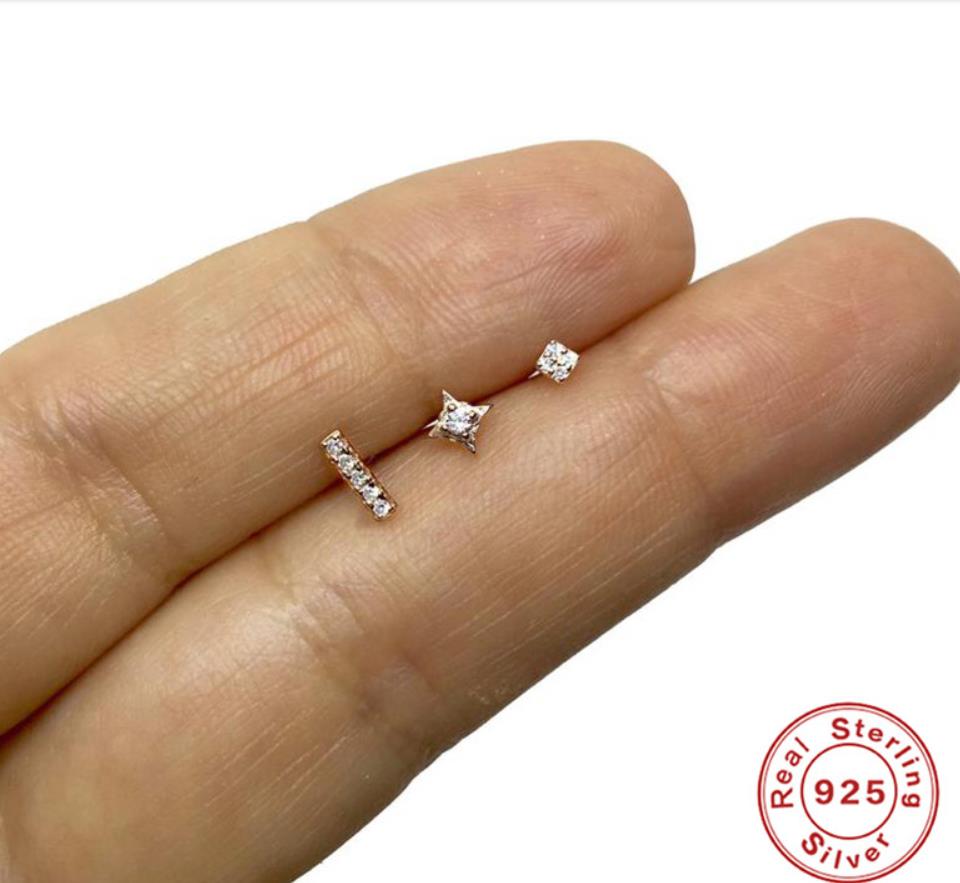 3 stk/sæt 100% 925 sterling sølv cz stud små mini koreanske øreringe til kvinder øreben piger fest sølv guld smykker  a30: Default Title