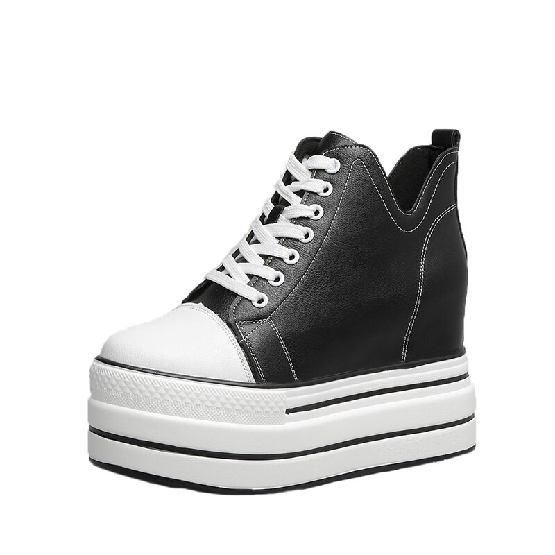 Herfst Hoge Platform Sneakers 9Cm Hoge Hakken Vrouwen Dikke Zool Enkellaarsjes Leather Wedge Winter Casual Schoenen Witte Laarzen maat 40: black / 35