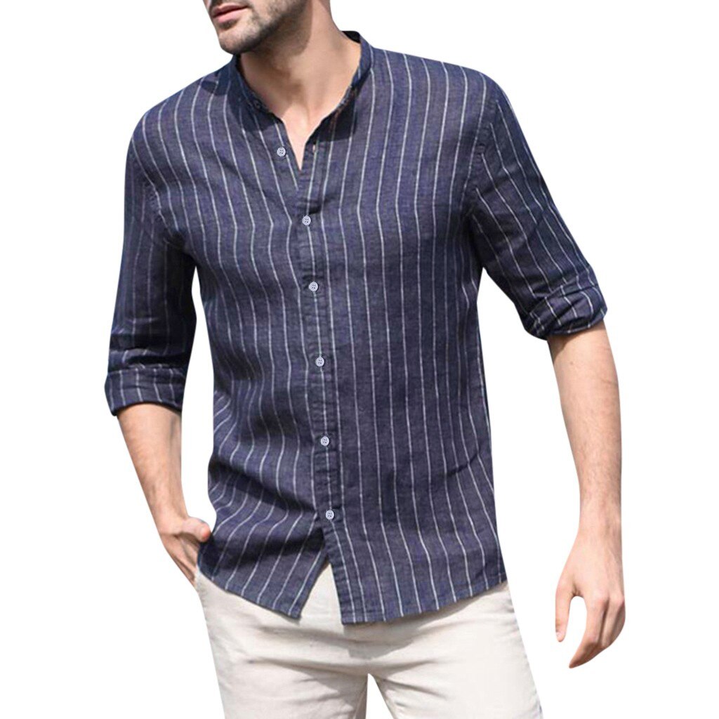Men's Baggy Cotton Linen Striped Long Sleeve Button Retro Chemise Homme Manche Court Tops Blouse