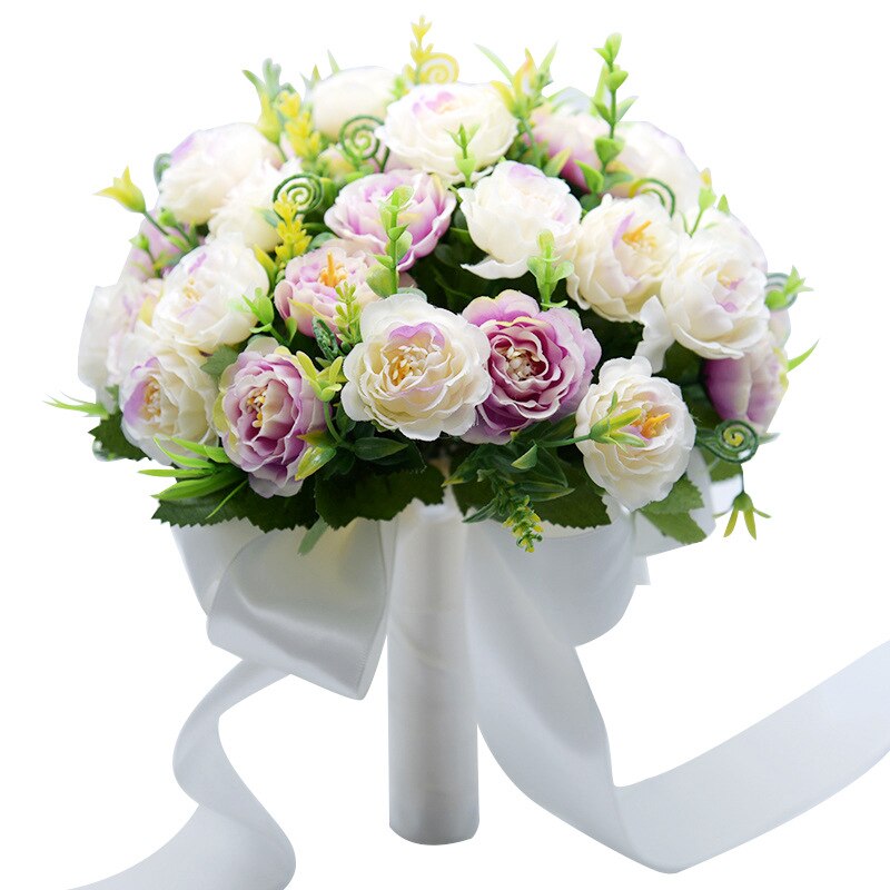 Janevini lichtpaars kunstmatig pioenroos bruidsboeket met lint en zijden bloemen, bruidsboeket met parels en broche: Lichtpaars