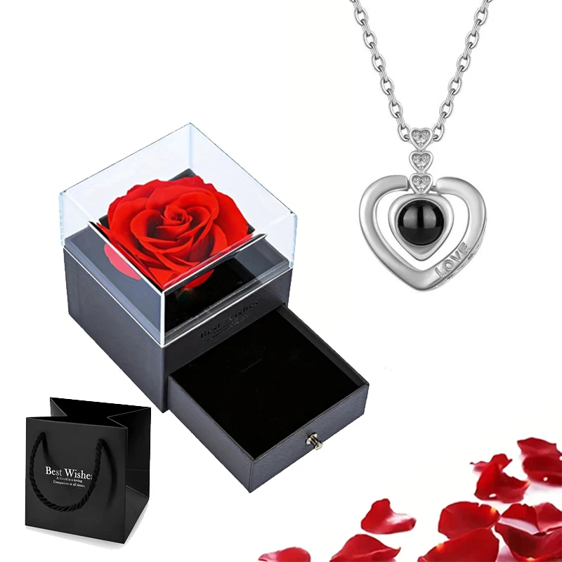 Conjunto de colar de projeção com caixa de presente rosa 100 idiomas eu te amo coração pingente jóias 2024 para presentes namorada dropshipping: Violeta cobalto