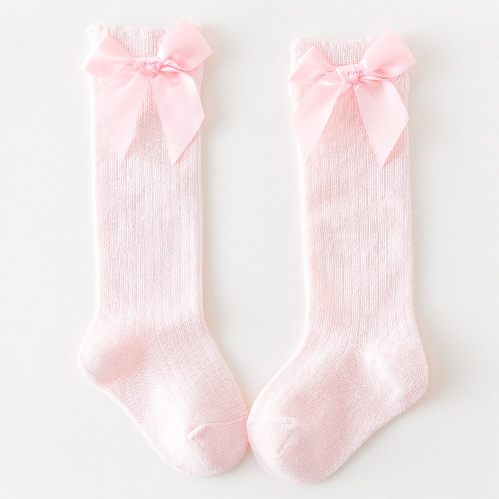 Balleenshiny – chaussettes pour enfants, en coton, avec gros nœud aux genoux, longues et douces, en dentelle, pour bébés filles: Rose / for 1-3years