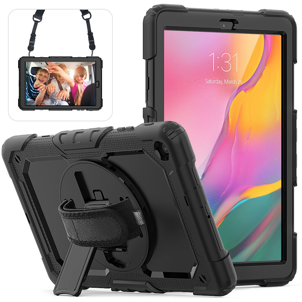 360- rotations handrem och stödfodral i silikon för tablets för samsung galaxy tab  a 10.1 fodral sm  t510 t515 skyddsfodral: Svart