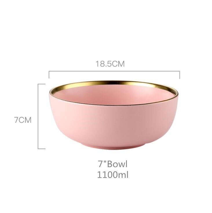 Gilt Rim Pink Porcelain Dinner Plate Set Kitchen Plate Ceramic Tableware Food Dishes Rice Salad Noodles Bowl Mug Cutlery Set 1pc: 7 inch bowl
