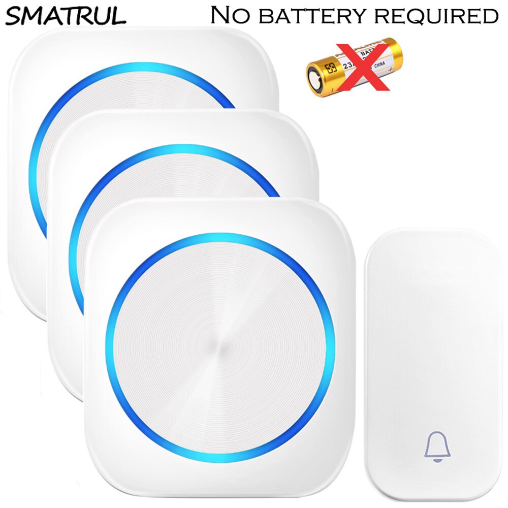 SMATRUL self powered Waterproof Wireless DoorBell Cordless Door Bell ring night light no battery EU plug home button Receiver: white EU 1X3