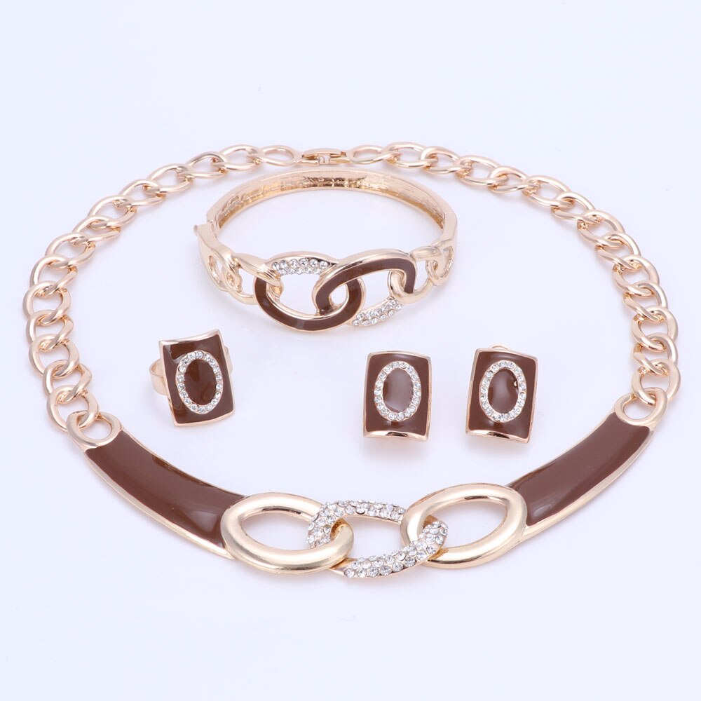 5Colors Jewelry Sets Necklace Ring Bracelet Earrings Wedding Gold Color For Women Crystal Maxi Dress Accessories: Brown