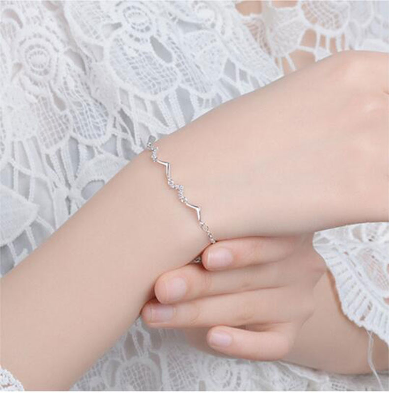 Anenjery Simple Silver Color Wave Bracelet For Women Zircon Jewelry pulseira feminina S-B148