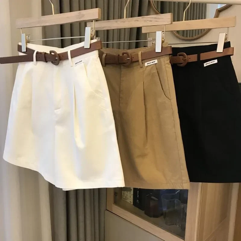 Vida shorts för kvinnor sommar tunna bomulls a-linjeformade korta byxor kontorsdam klassiska lösa avslappnade dragkedja damshorts