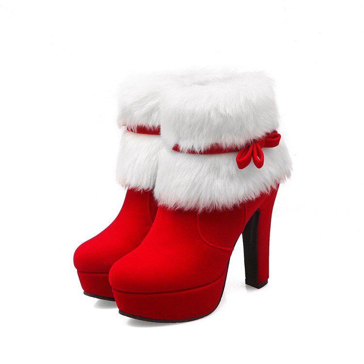 Vrouwen Enkellaarsjes Kerst Hoge Hakken Platform Schoenen Femme Winter Warm Bont Korte Laarzen Rood Zwart Dames Partij Schoenen Plus size: Red / 34