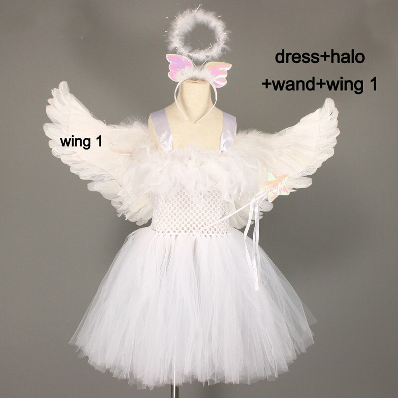 Wächter Engel Kinder Halloween Kostüm Weiß Feder Engel Mädchen Tutu Kleid mit Flügel & Halo Weihnachten Krippe Gabriel Kleidung