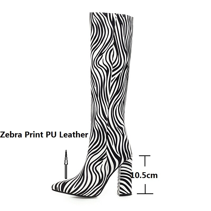 ochanmeb Zebra Print Knee High Boots Women's Big Size 43 Thick High Heeled Autumn Winter Long Boots Woman Pointed Toe Fall Shoes