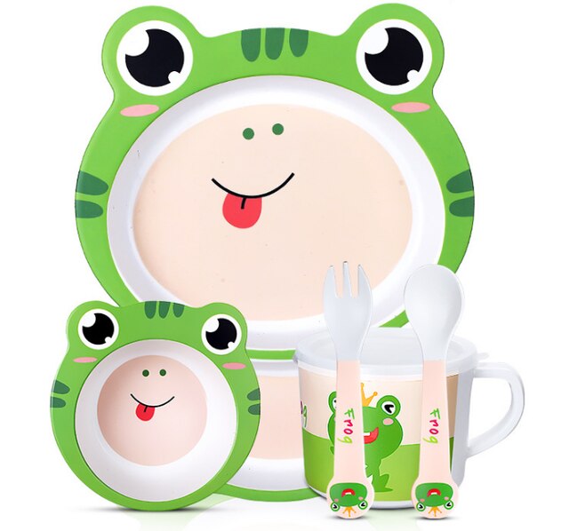 5 unids/set bebé plato niños de dibujos animados de alimentación platos niños Natural de fibra de bambú de vajilla con tazón tenedor Copa cuchara de placa: frog