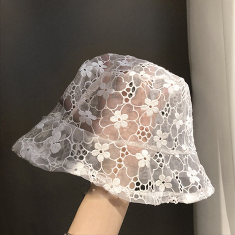 Newly Women Lace Hat Soft Lace Flower Wide Brim Sun Hats Floppy Hollow Fisherman Hats Bucket Hat: White B