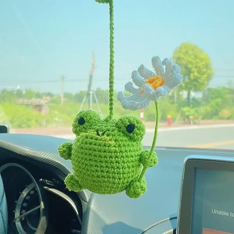 Leuke auto-accessoires creatieve handgemaakte gehaakte kikker auto achteruitkijkspiegel hanger grappige pop ornamenten kerstcadeaus