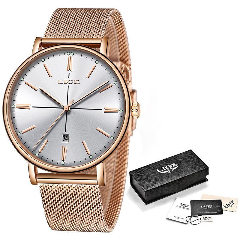 LUIK Vrouwen Horloges Rvs Mesh Riem Horloge Eenvoudige 13mm Ultra-dunne Quartz Klok Horloges voor Vrouwen: Rose gold white