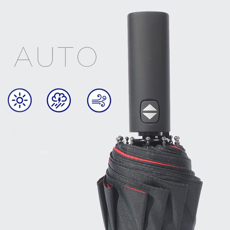 Paraguas fuerte, resistente al viento, plegable, automático, para hombres y mujeres, lluvia, 12 varillas, paraguas grandes, sombrilla con manija portátil de negocios