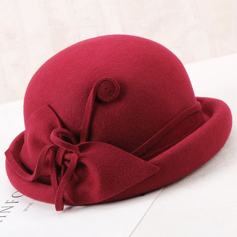 H274 jesień zima kapelusze z wełny kapelusz kobiety eleganckie moda Bowknot retro umywalka czapka panie czystego kolor wijący się kościół czapki imprezowe: WineRed