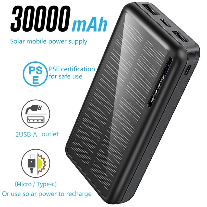 30000mAh Portable Solar Power Bank External Battery Micro C Port Backup Power Supply For Smart Phone Digital Devices