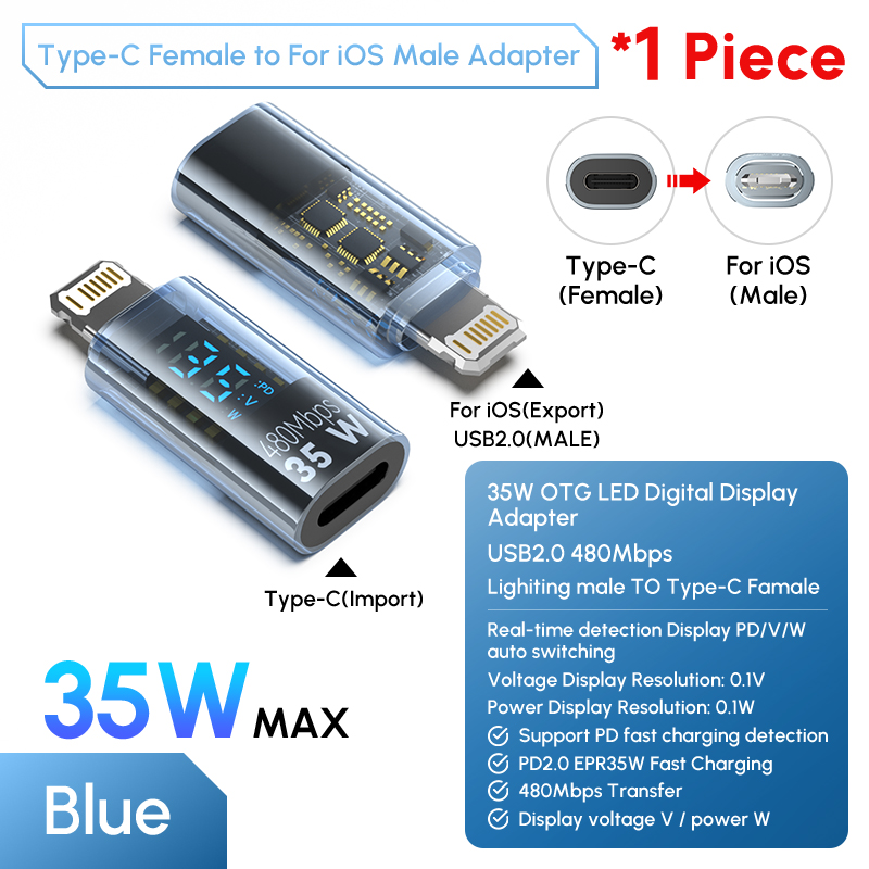 Adaptador de cargador Lightning hembra a USB C de 35W para IPhone 15 14 13 12 Pro Max tipo C conector de probador de potencia de carga de 8 pines: Verde