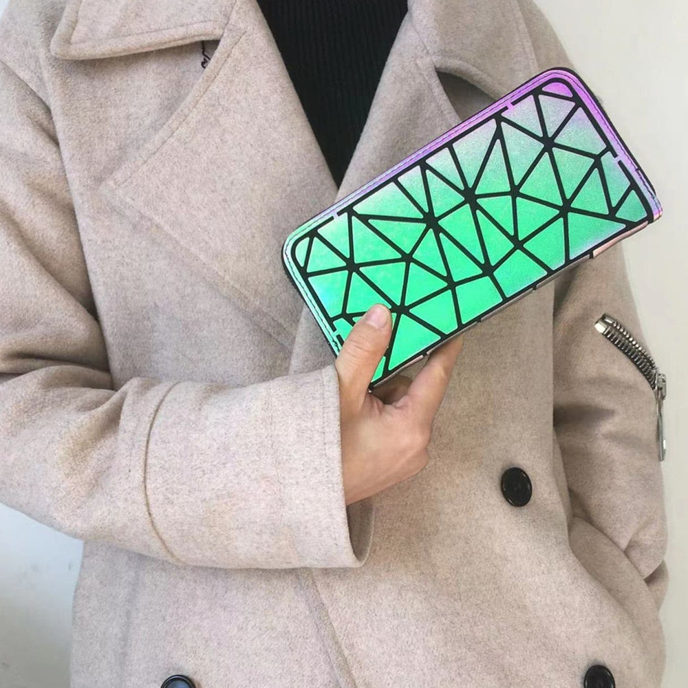 Luminous long zipper wallet for women.Geometric rhombus cell phone wallet/multi-card credit card holder and coin purse