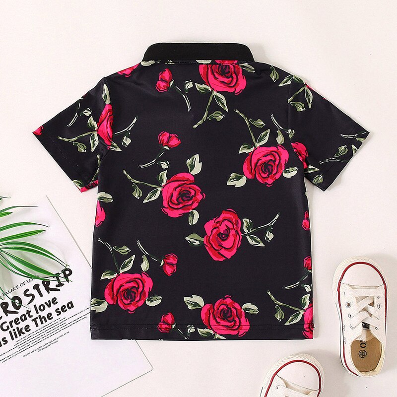 T-shirt imprimé pour garçons et tout-petits, motif floral rose, col à revers, manches courtes, vêtements d'été pour enfants