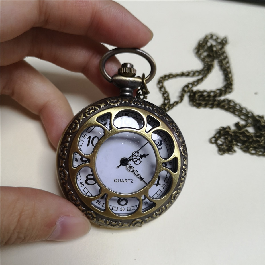 Antique Bronze Hollow Flower Quartz Pocket Watch Arabic Numerals Display Necklace Watches Fob Chain Half Hunter Pocket Clock