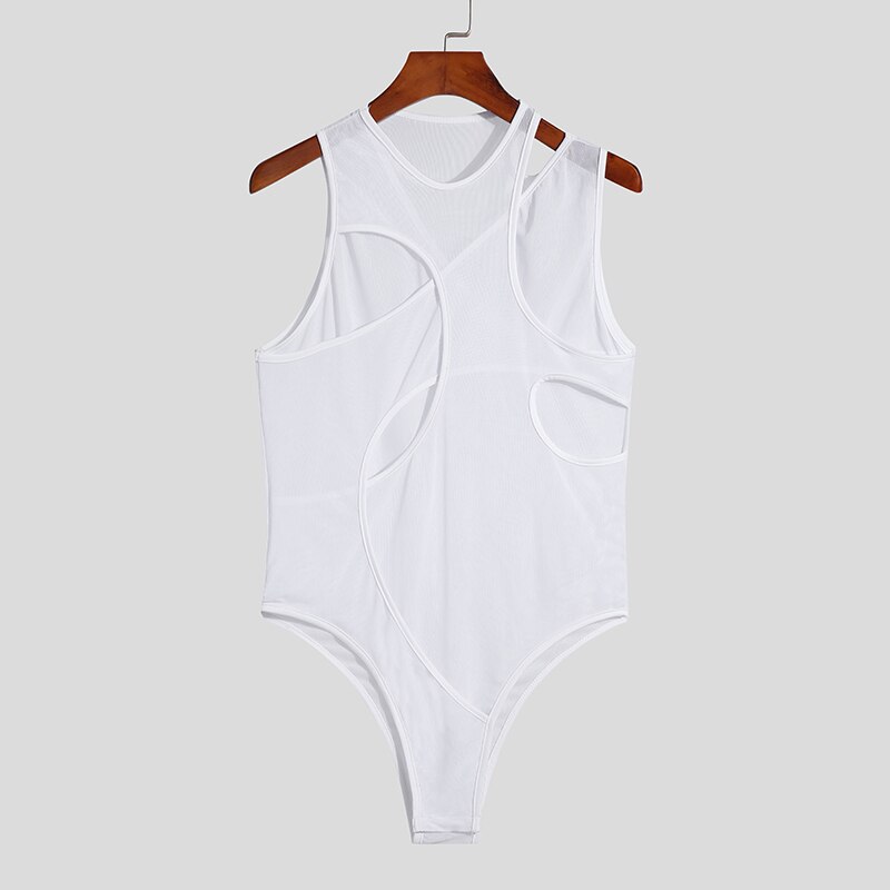 Tuta da uomo Sexy per il tempo libero maglia trasparente solido confortevole Homewear irregolare senza maniche triangolo body S-5XL INCERUN 2022: White / S