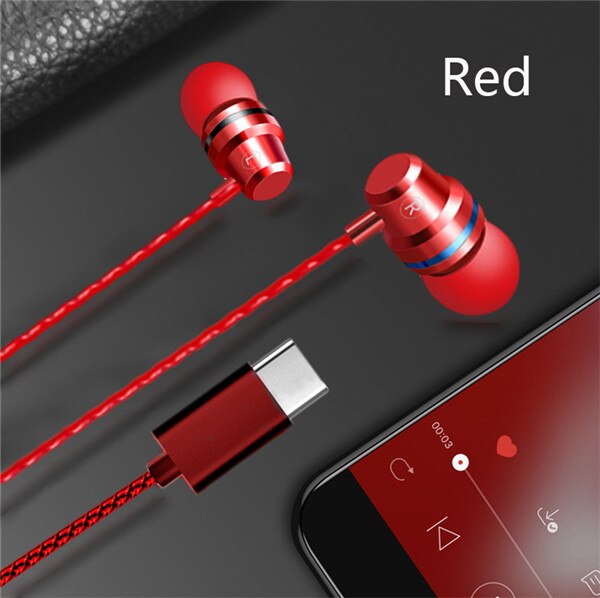 Type C Earphone Dynamic Drive HiFi USB-C Earbuds In-ear Bass Metal Sport Gaming Headset with Mic for Xiaomi Huawei HTC Samsung: Red