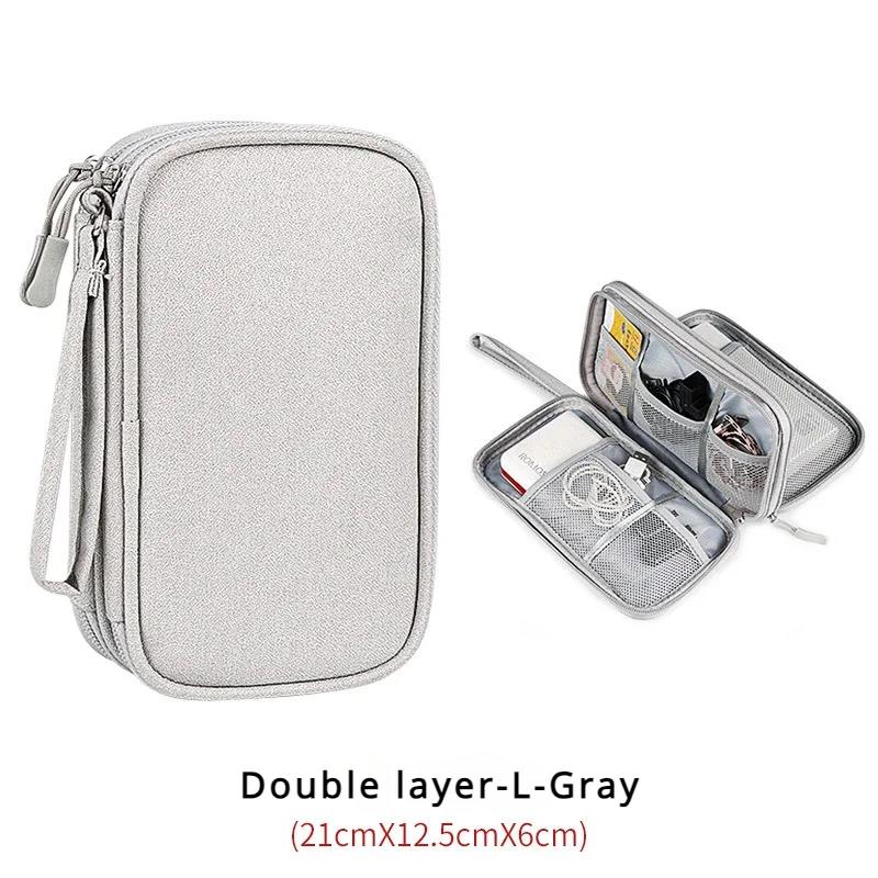 Reise-Organizer, Elektronik-Zubehör-Organizer, tragbar, wasserdicht, doppellagig, Aufbewahrung für Kabel, Festplatte, Powerbank: Silber
