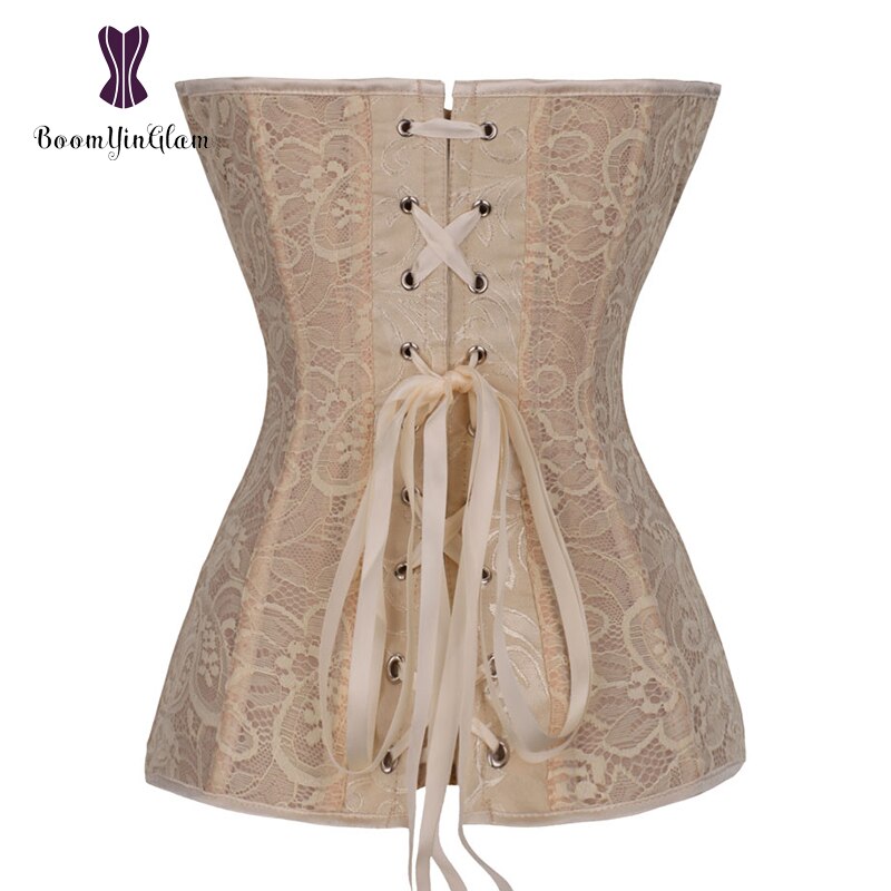 Steel Boned Corset Lace Transparent Corsets Overbust Korset Solid Black Beige White Jacquard Floral Bustier Front Zipper Gorset