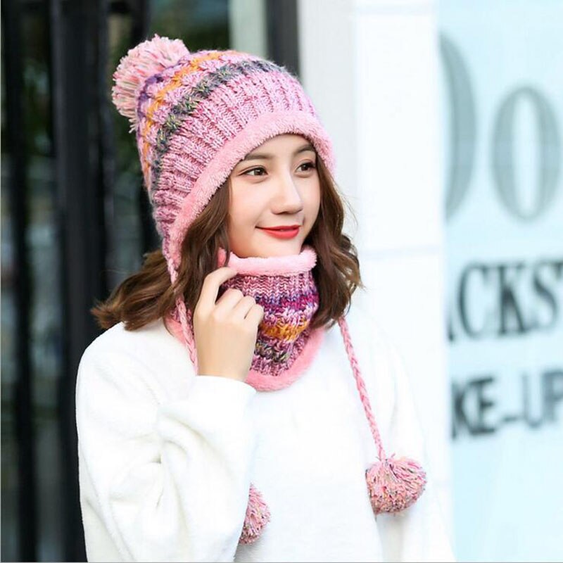 BINGYUANHAOXUAN-gorro de punto para mujer, gorros con bufanda, gorros, gorros de invierno cálido holgado para niña, gorros de lana para niña