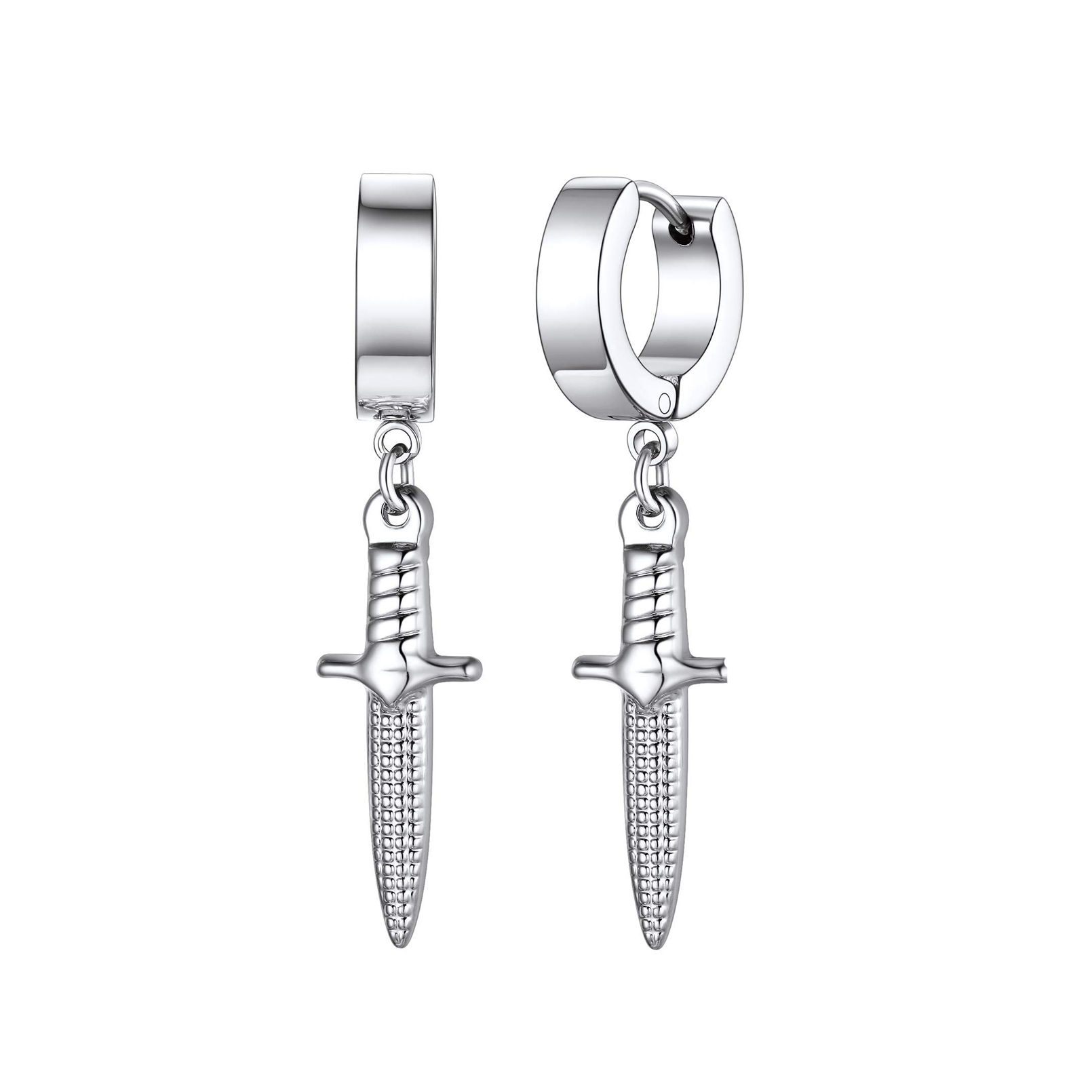 Pendientes de daga de Color negro y plateado para hombre, pendientes de aro con calavera y hoja de espada de acero inoxidable, joyería de tatuaje de roca a la
