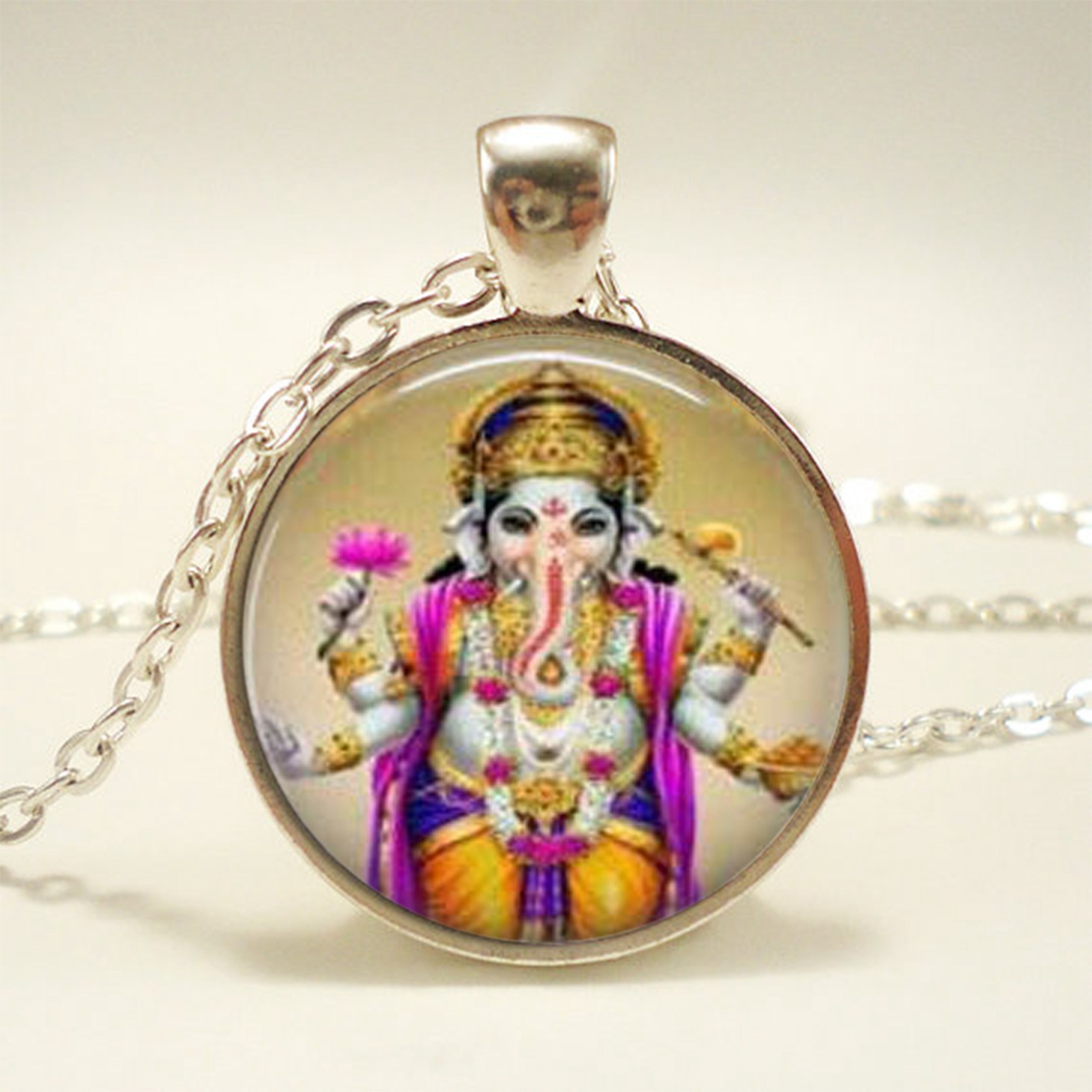 Krishna and Radha Amulet Necklace Glass Cabochon Jewelry Silver Chain Lakshmi Pendant Hinduism Shiva Necklace for Women: 4