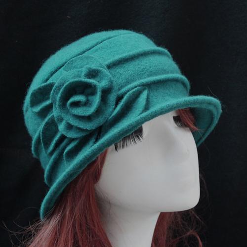 Vintage Women Wool Church Cloche Flapper Hat Lady Bucket Winter Flower Cap: green