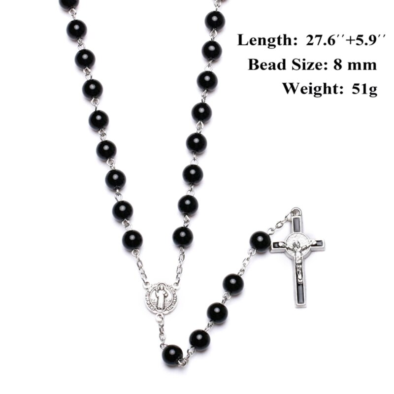 T84E Handgemaakte Ronde Glazen Bead Katholieke Rozenkrans Ketting Kruis Religieuze Hangers Lange Ketting Mannen Vrouwen Mode-sieraden