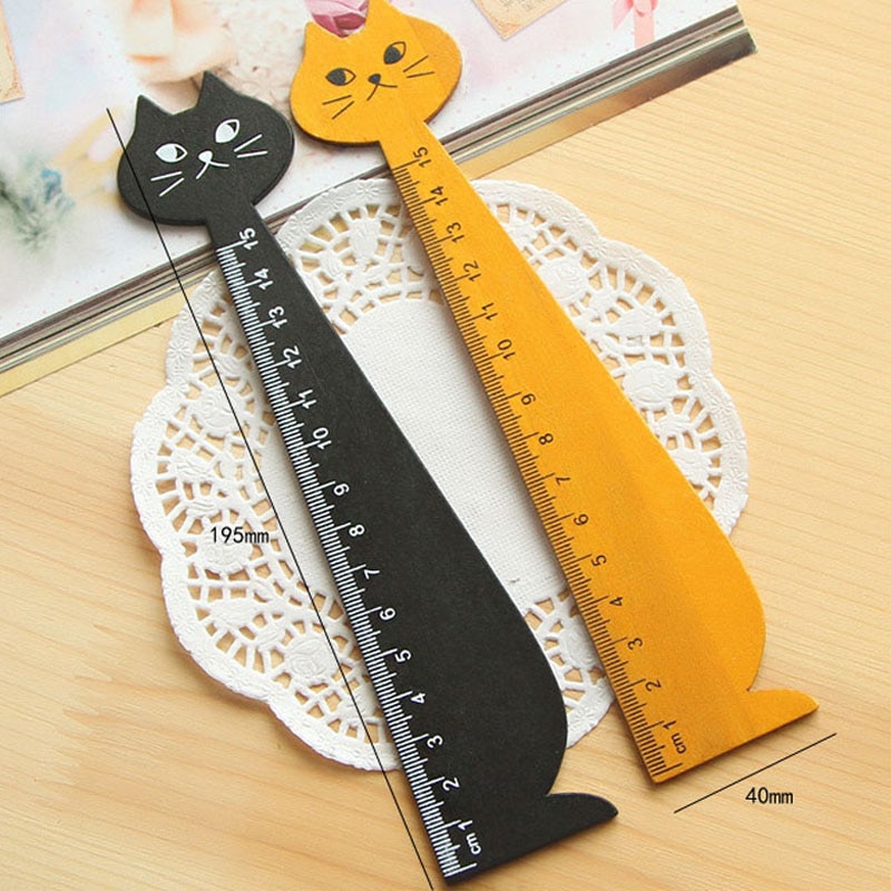 1PCS Wood Straight Ruler 15cm Black Yellow Lovely Cat Shape Ruler for Kids Student Stationery Office School Supplies