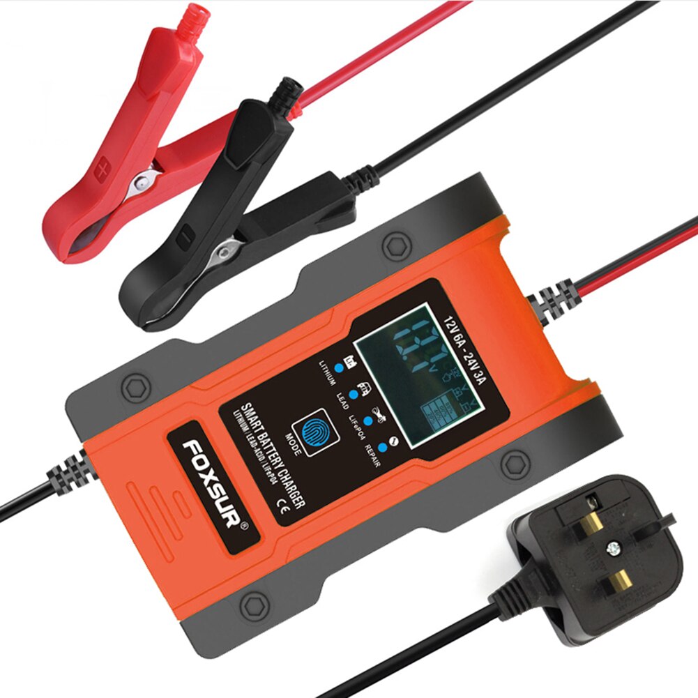 Smart Car Battery Charger 12V 6A 24V 3A Automatic Pulse Repair Charger with LCD for AGM GEL WET Lead Acid Battery: UK Plug