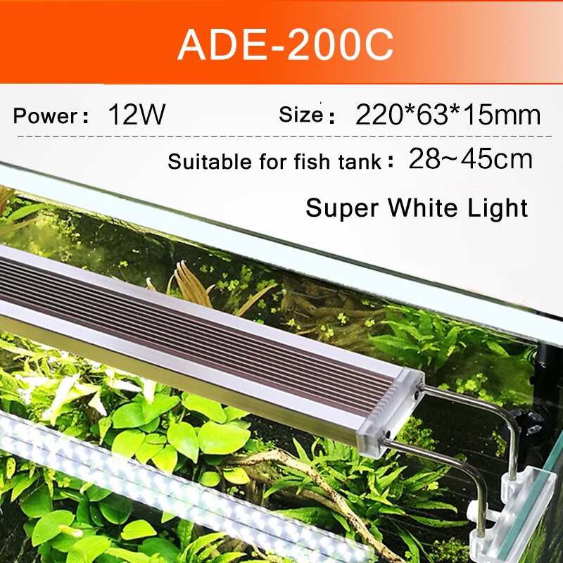 Aquarium LED Light Super Slim Fish Tank Aquatic Waterproof Bright Clip Lamp White LED Plant Grow Lighting 5-24W 220V: ADE-200C