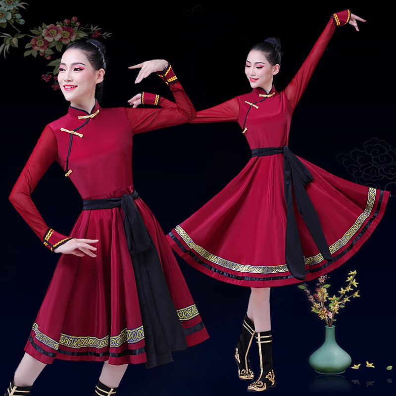 Vestido Rojo mongol para mujer, disfraz de baile folclórico, disfraz de actuación de Festival, disfraz de escenario, disfraz de Baile Folclórico