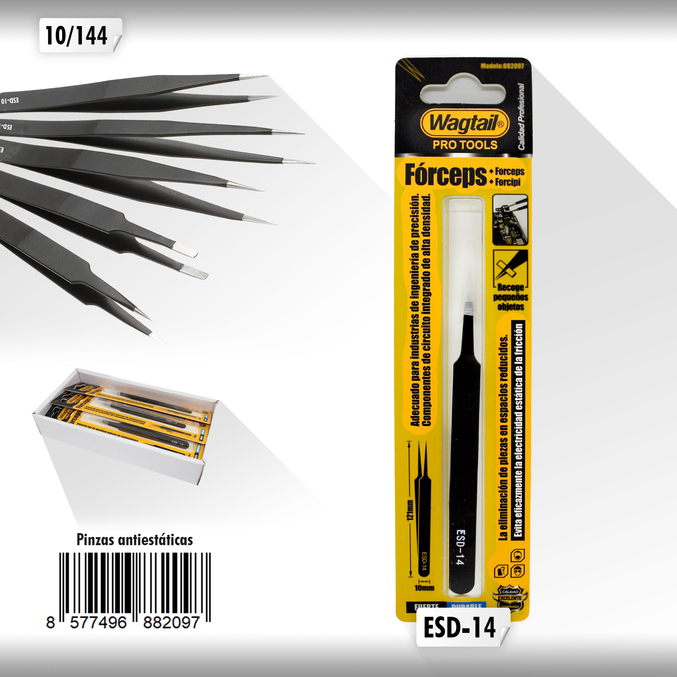 Wagtail-Pinza antiestática de precisión, herramienta de ajuste para gafas, joyas, electrónica.: ESD 14