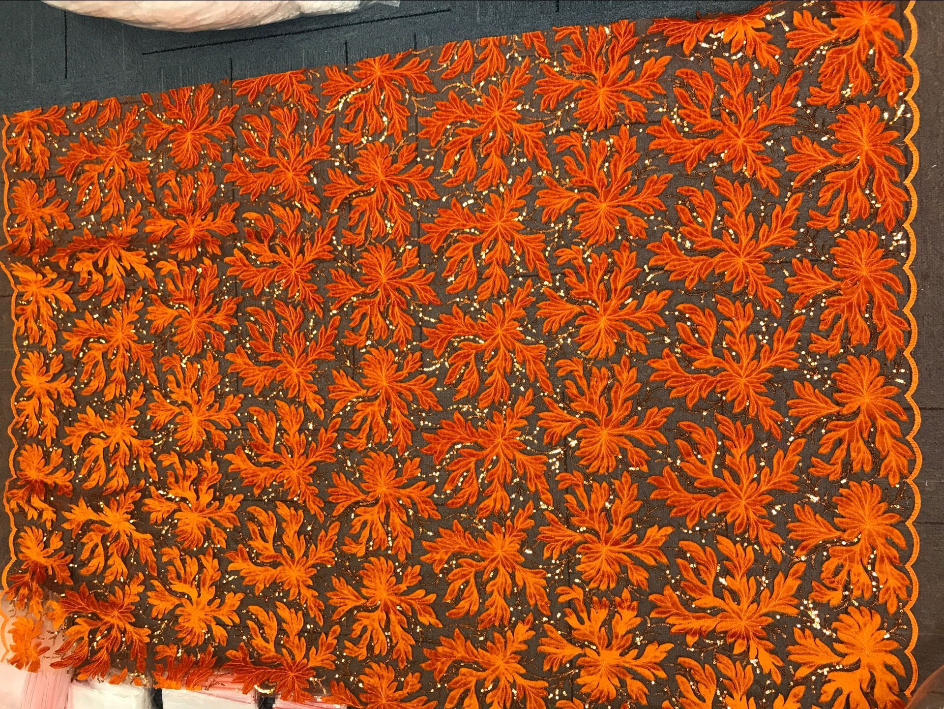 1 Yard Gold Maple leaf velvet lace Fabric With Sequins All around lace for Prom party Dress