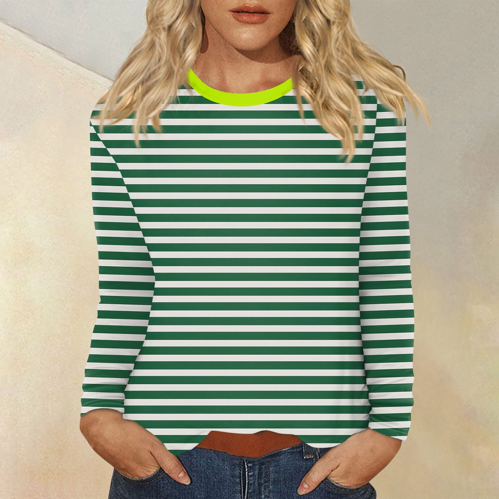 T-Shirt à Manches sulfet Col Ras du Cou pour Femme, Vêtement Décontracté, Rayé, Imprimé, Tendance, à la , de , 03